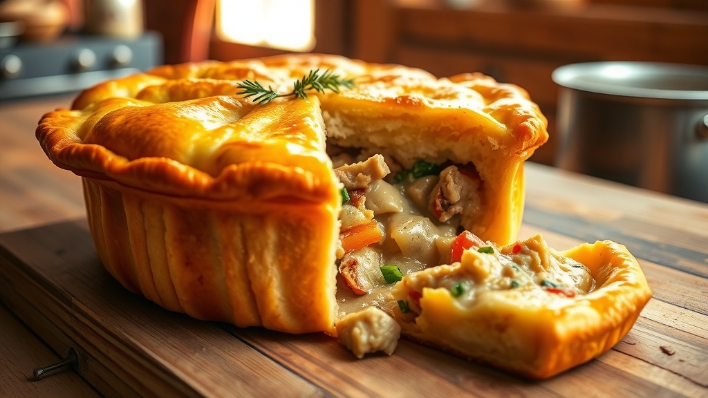 Savory Pork Pot Pie Recipe Freshly baked pork pot pie with flaky crust and savory filling, served on a wooden table.